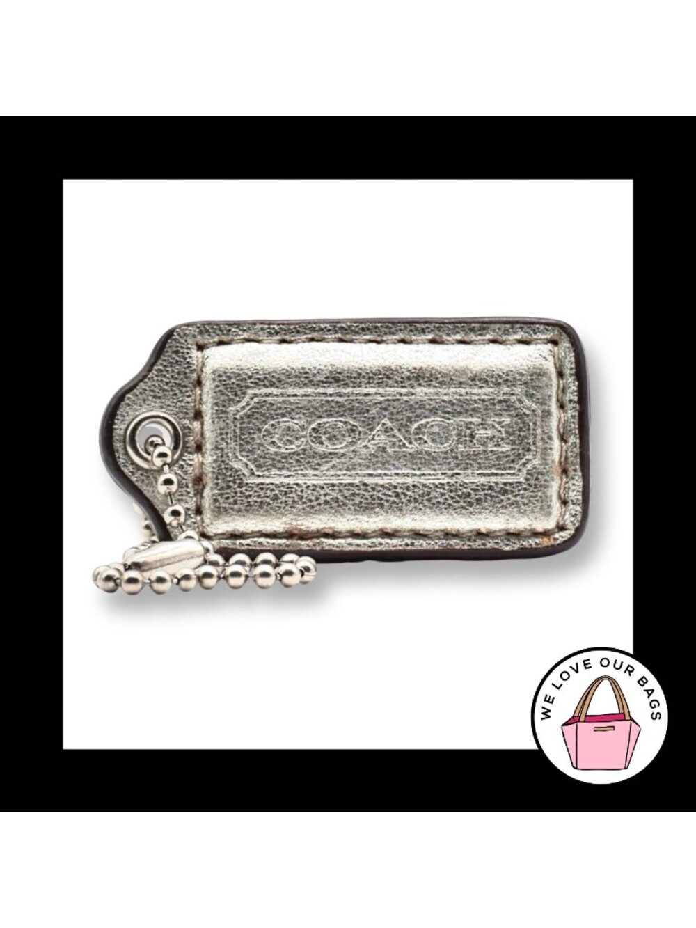 COACH HANG TAG 2" Bag Charm Keychain Fob Silver Metallic Leather Nickel Medium